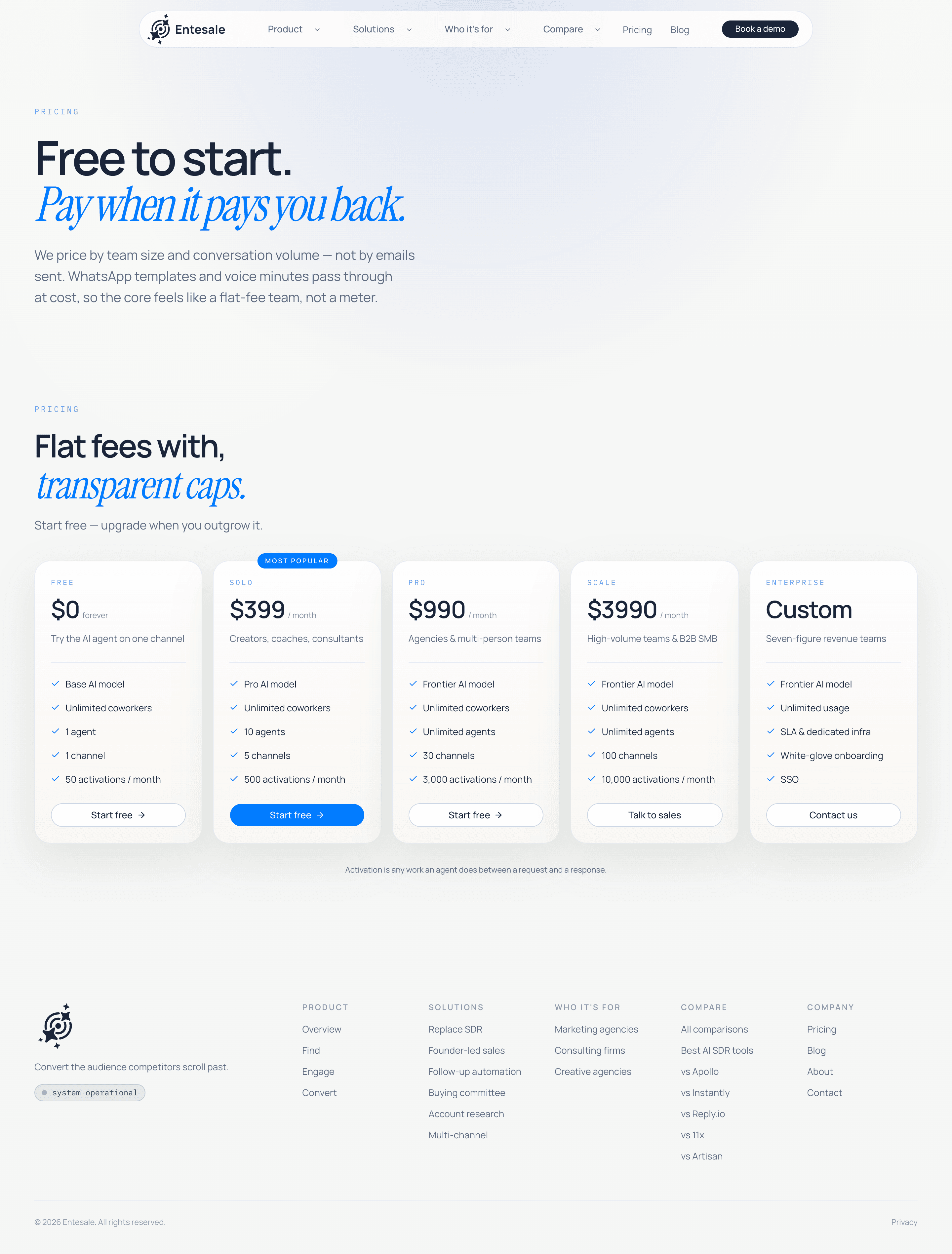 Pricing: Free → Custom, flat fees